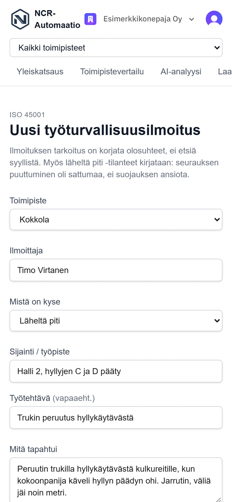Läheltä piti -ilmoituksen lomake puhelimella täytettynä